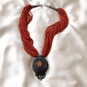 Vintage Tibetan Genuine Red Coral Necklace 20-Strand Twisted Bali Silver Locket